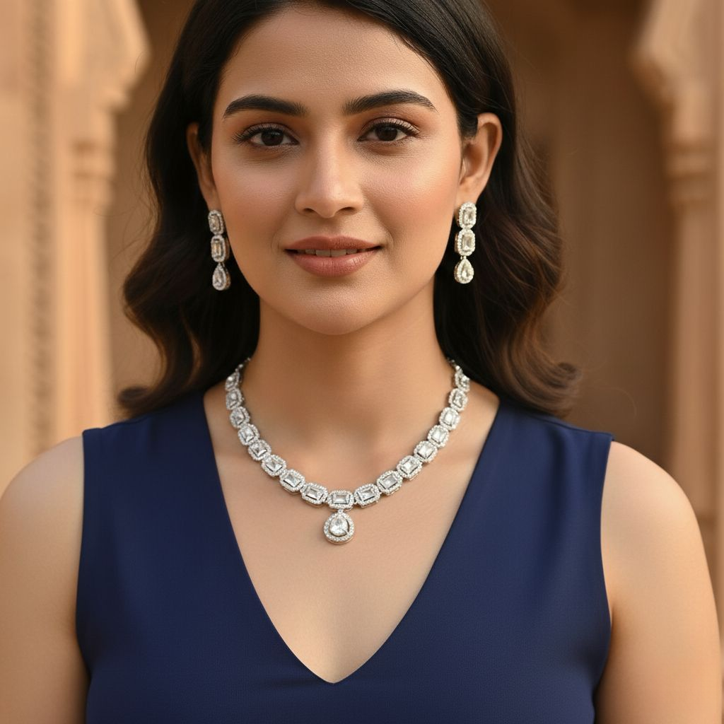 Woman wearing a diamond necklace and earrings with a neutral background
