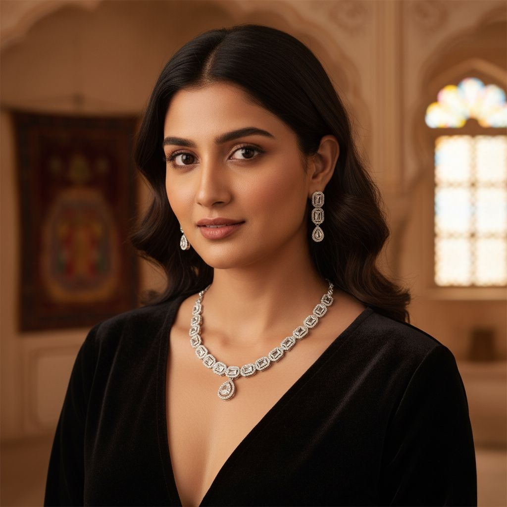 Woman wearing a diamond necklace and earrings in an elegant interior setting