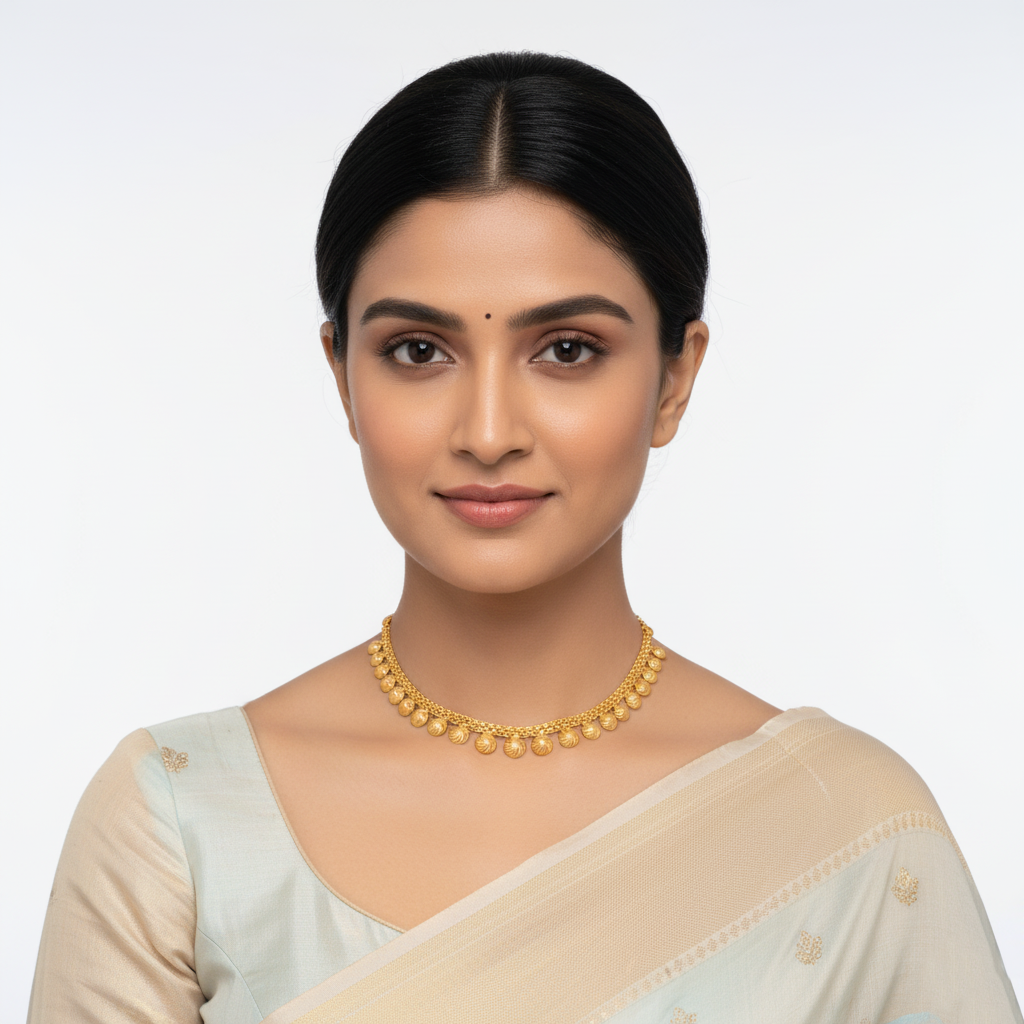 Woman wearing a gold necklace and saree against a white background