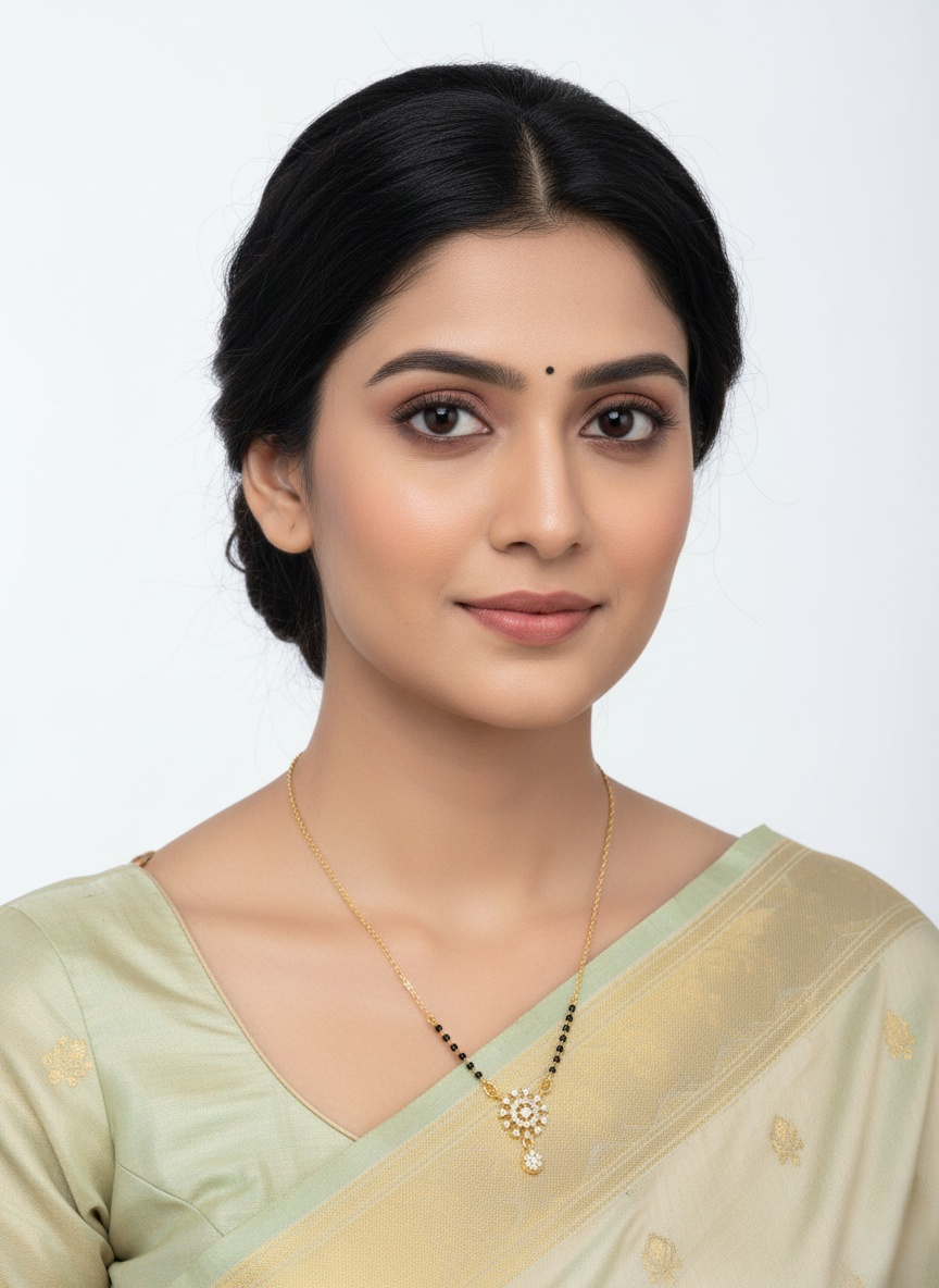 Woman wearing a light green saree with a white background