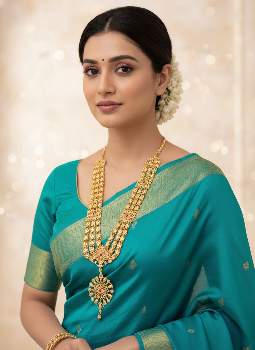 Woman wearing a teal saree with gold jewelry against a soft, blurred background