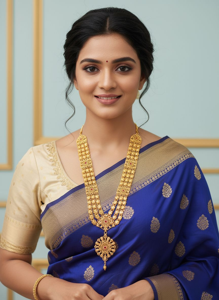 Woman wearing a blue saree with gold jewelry against a light background