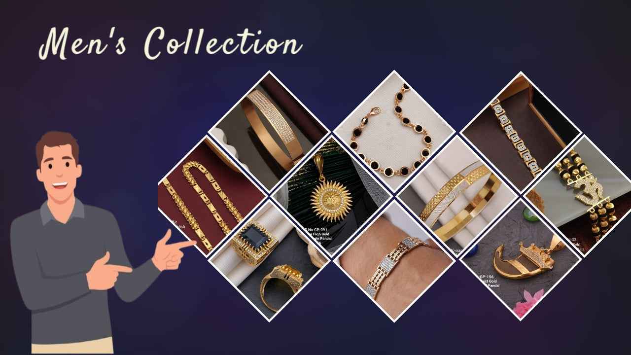 Promotional graphic for men's jewelry collection with a man pointing at the images.