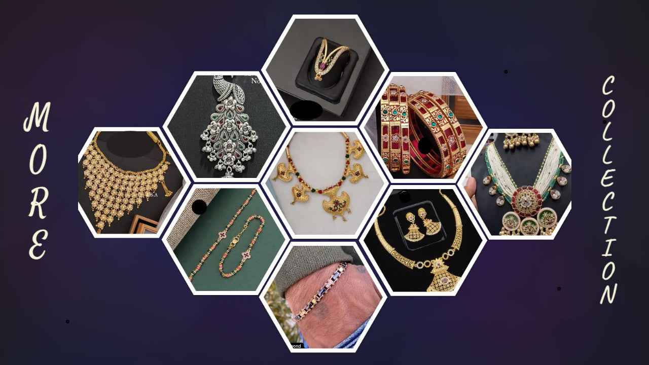 Hexagonal grid of jewelry images with 'More Collection' text on a dark background