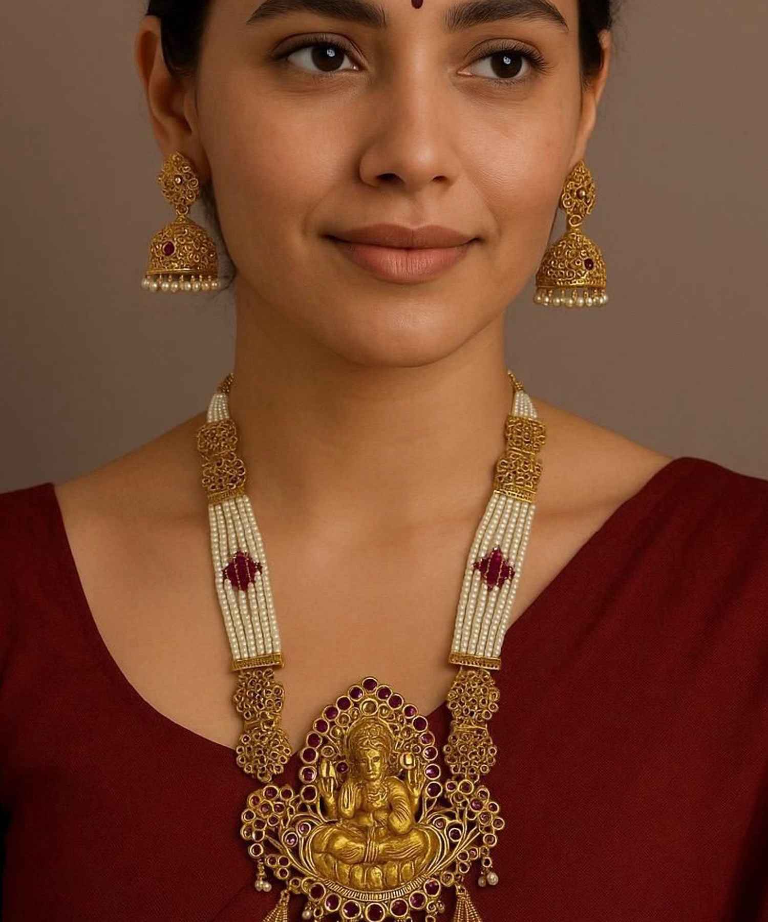 Woman wearing gold jewelry with a maroon background