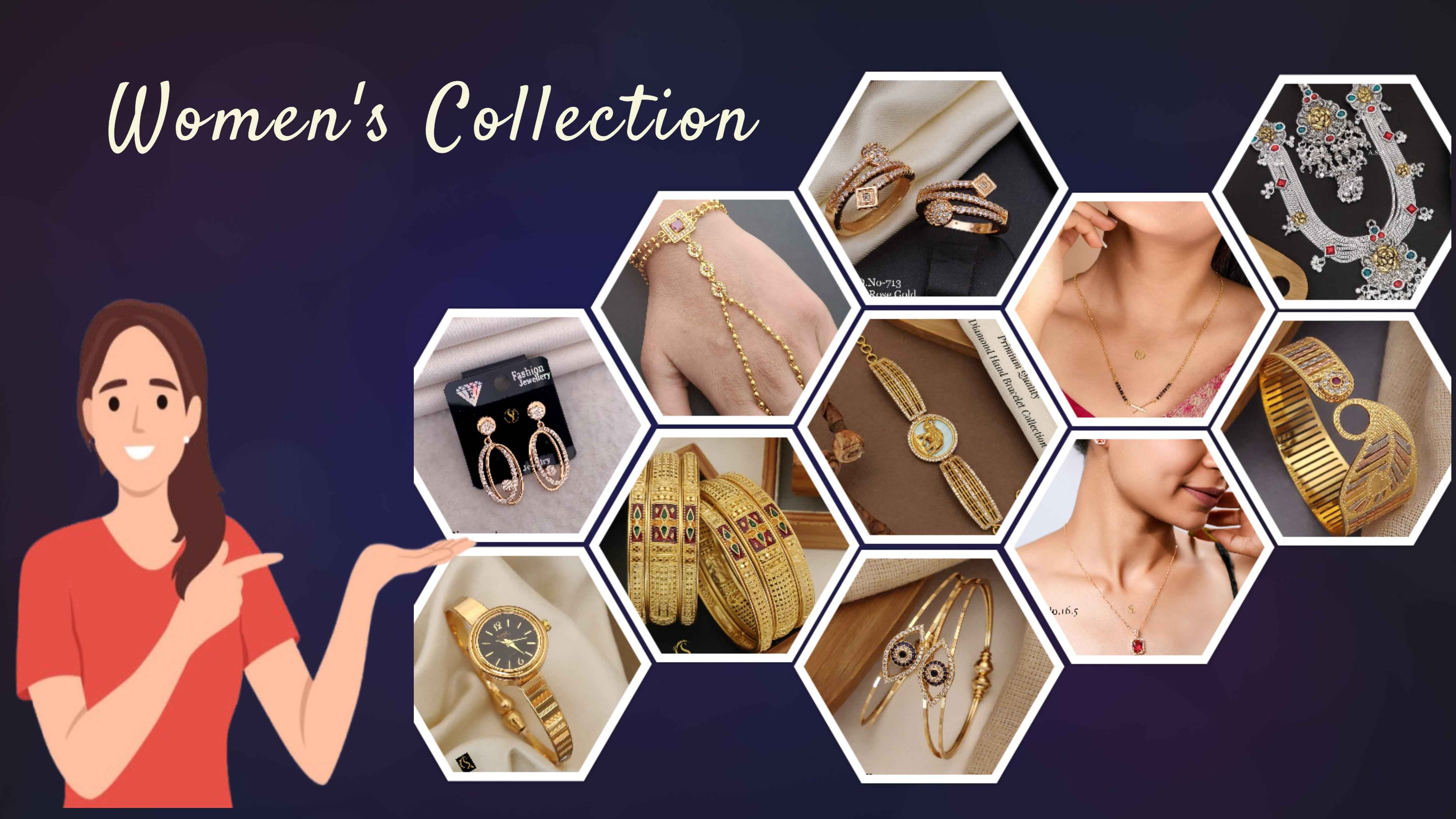 Woman pointing at a display of women's jewelry with hexagonal grid layout on a dark blue background.