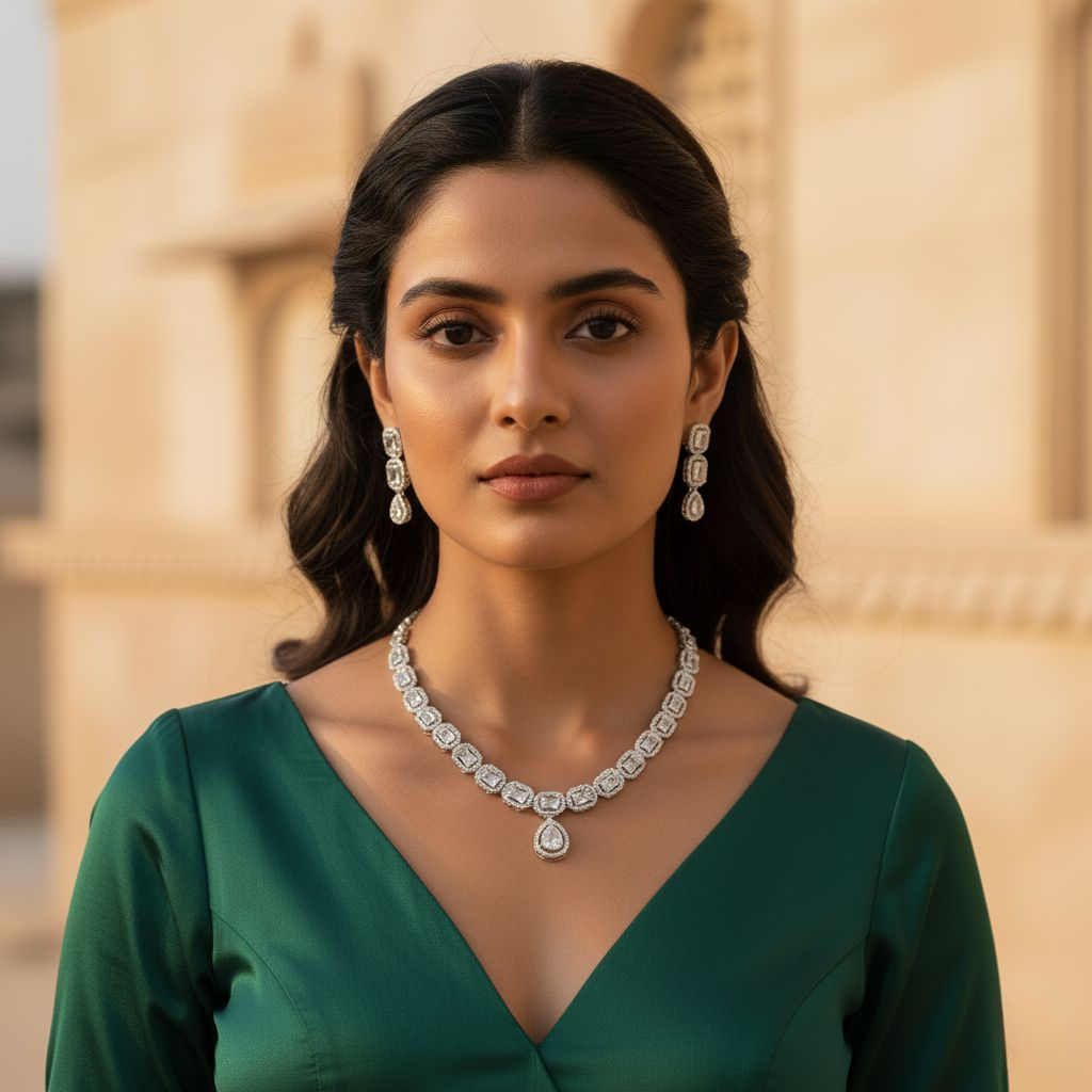 Woman wearing a diamond necklace and earrings with a blurred architectural background