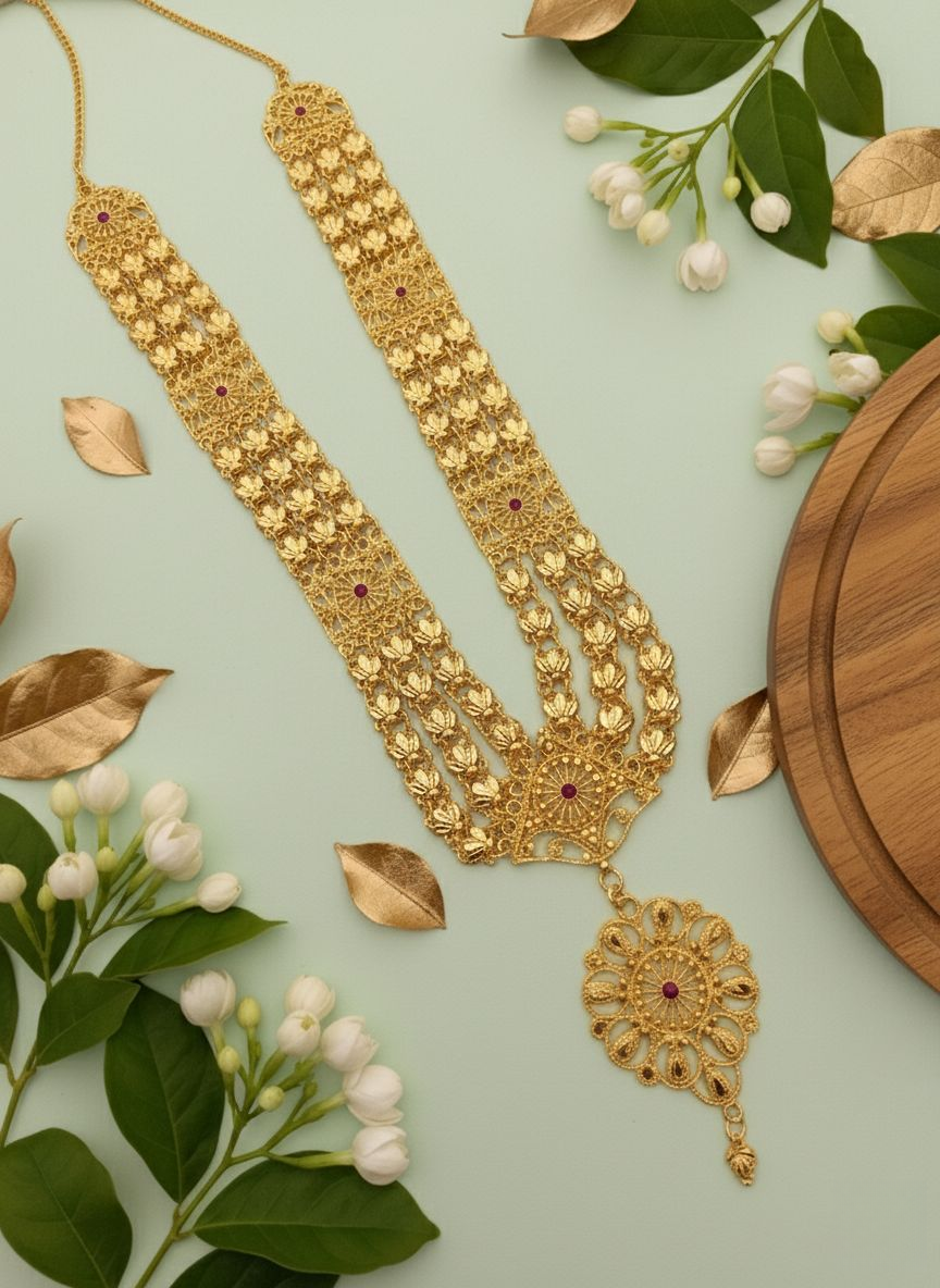 Gold necklace with intricate design on a light green background with leaves and flowers