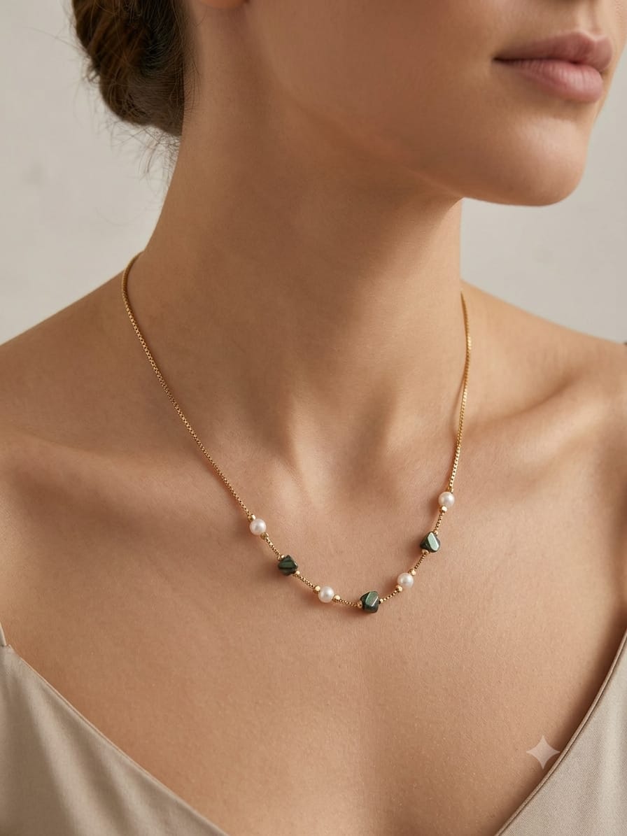 A delicate gold chain necklace with small white pearls and dark green faceted beads, worn on a model's neck.