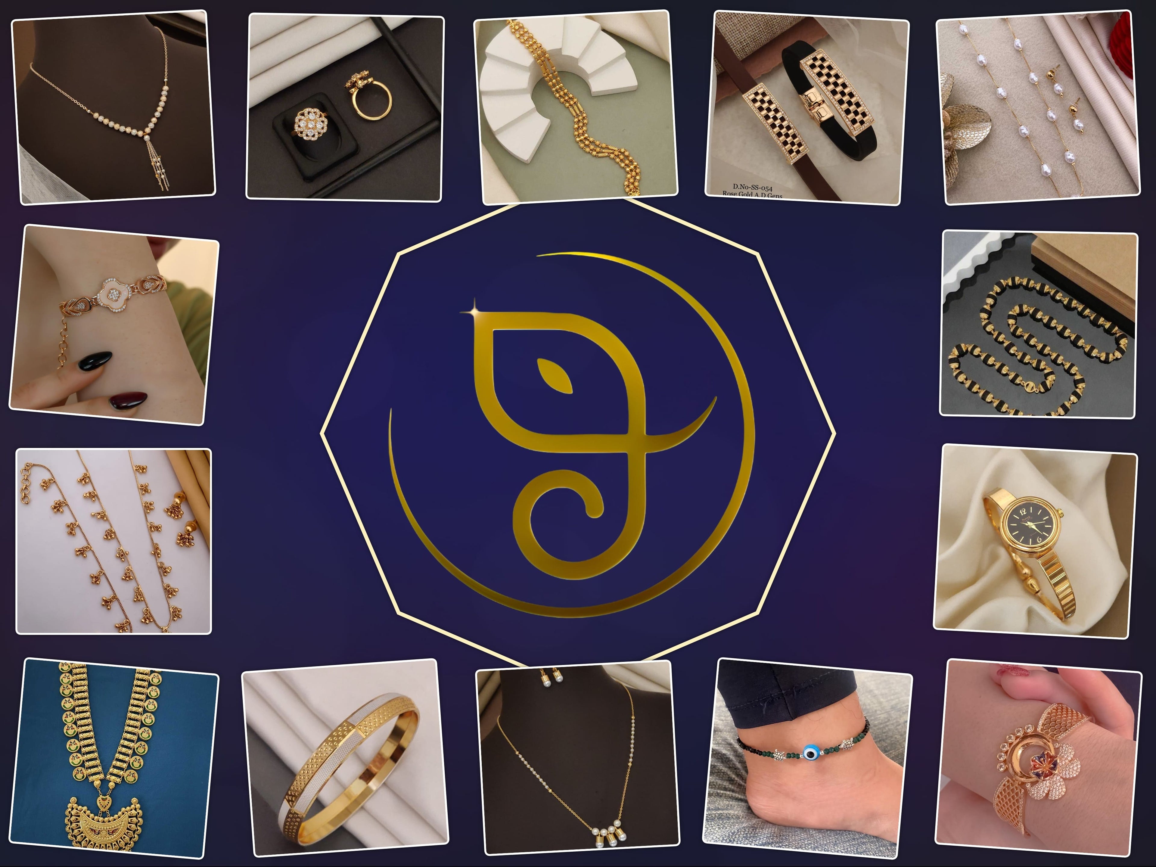 Collage of jewelry images with a central logo on a blue background